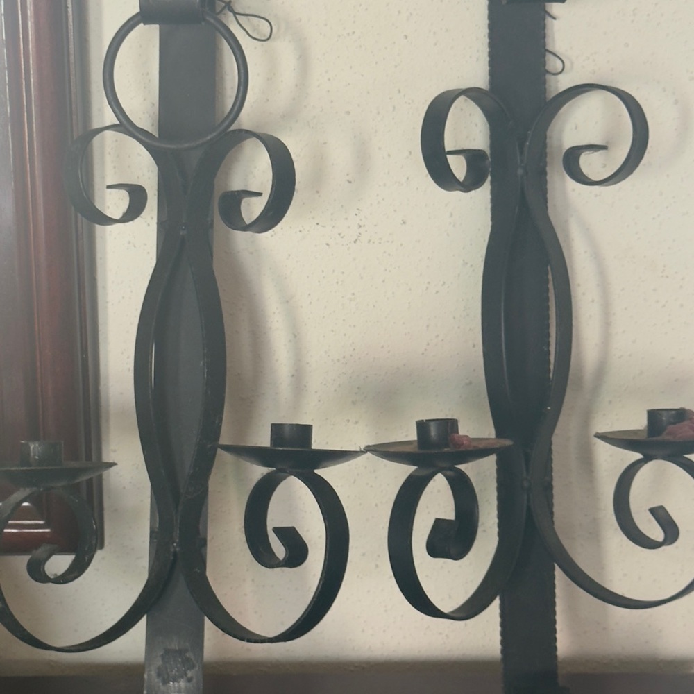 Spanish Revival Black Wrought Iron Wall Candle Holders Set